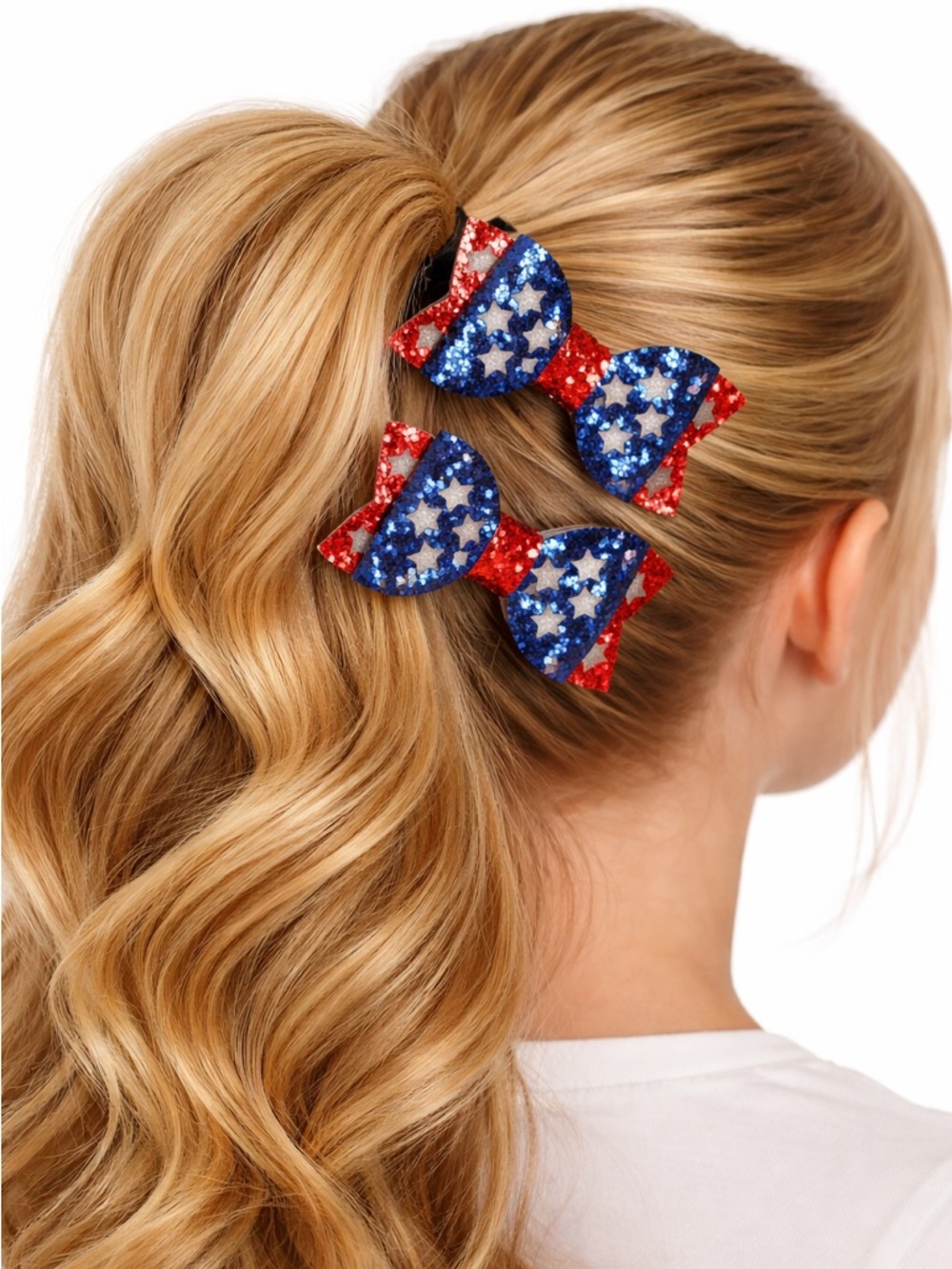 Patriotic Hair Bow & Star Earrings Set | Red White Blue Glitter